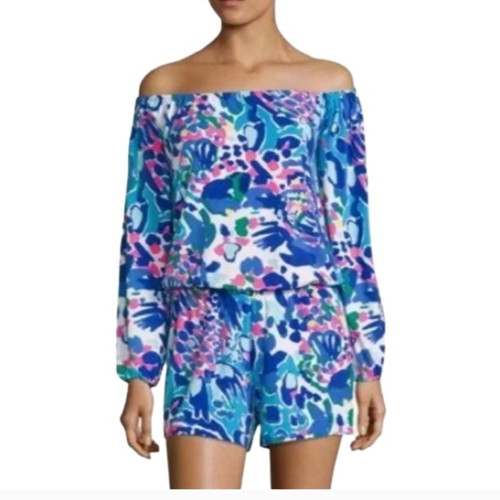 Lilly Pulitzer Hit The Spot Blue Lana Romper Long Sleeve Size XS